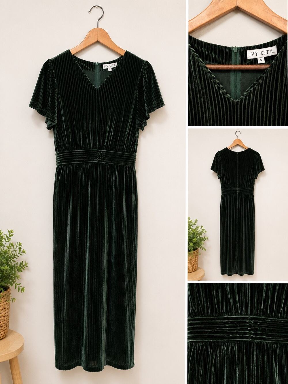 NWOT Ivy City Co Green Velvet Jumpsuit Sz S Empire Waist Flutter Sleeve Romper